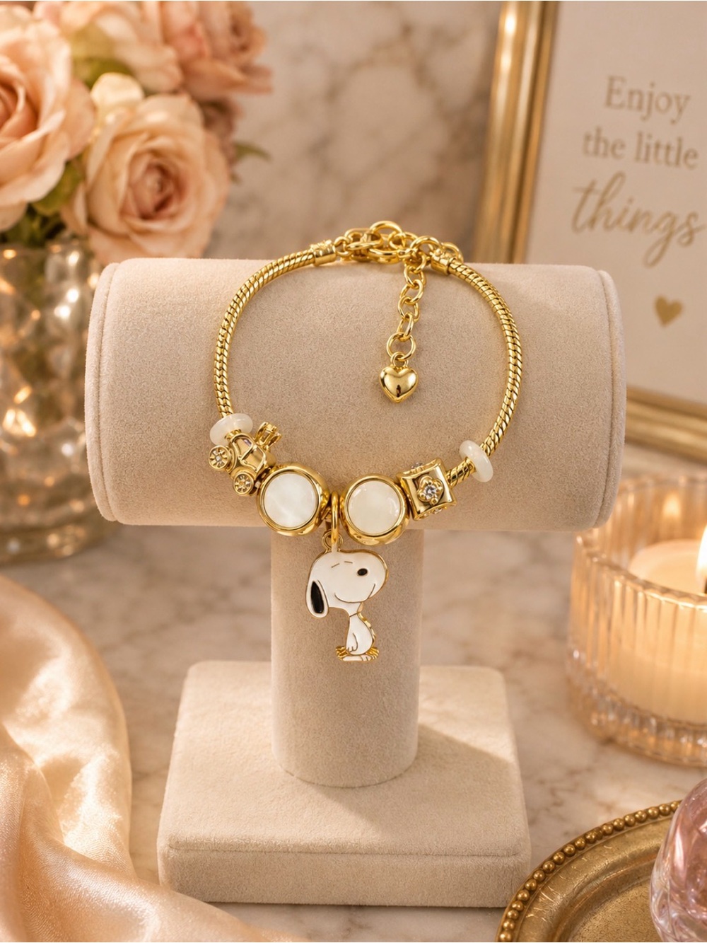 Gold Snoopy Charm Bracelet - White Enamel Accents
